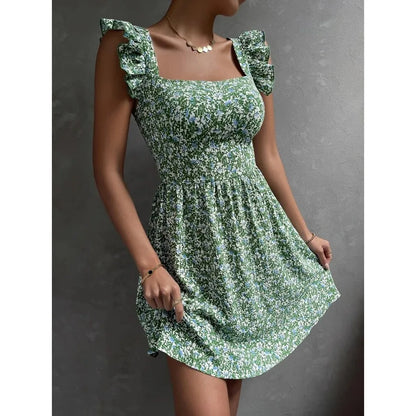 Square Collar Print Dress Women Knee Length Dresses Casual Dress Loose Vestidos Beach Bow Backless 2025 Summer Ruffles Y2K