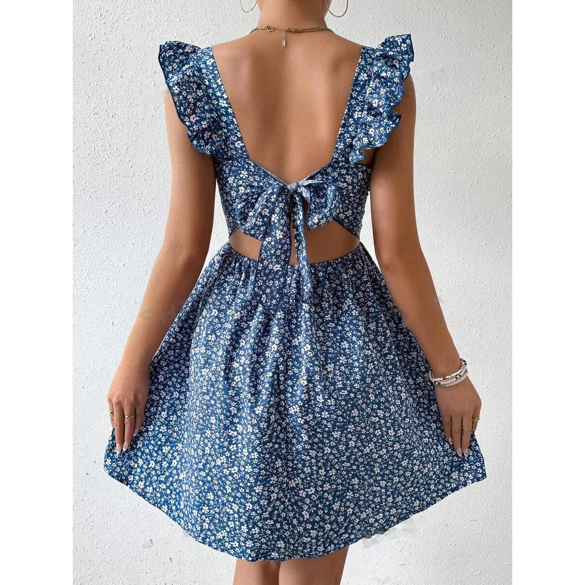 Square Collar Print Dress Women Knee Length Dresses Casual Dress Loose Vestidos Beach Bow Backless 2025 Summer Ruffles Y2K