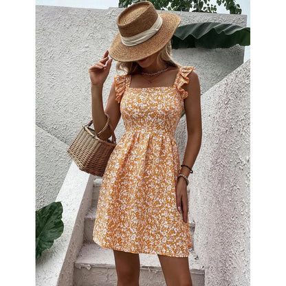 Square Collar Print Dress Women Knee Length Dresses Casual Dress Loose Vestidos Beach Bow Backless 2025 Summer Ruffles Y2K
