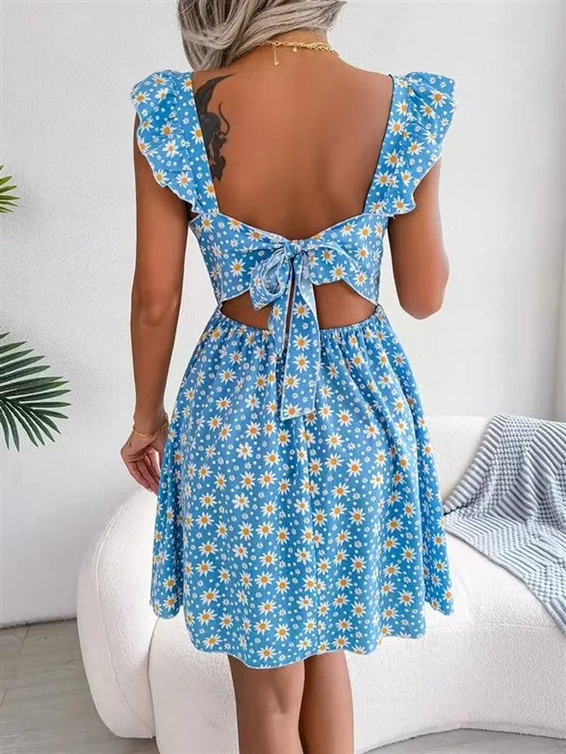 Square Collar Print Dress Women Knee Length Dresses Casual Dress Loose Vestidos Beach Bow Backless 2025 Summer Ruffles Y2K