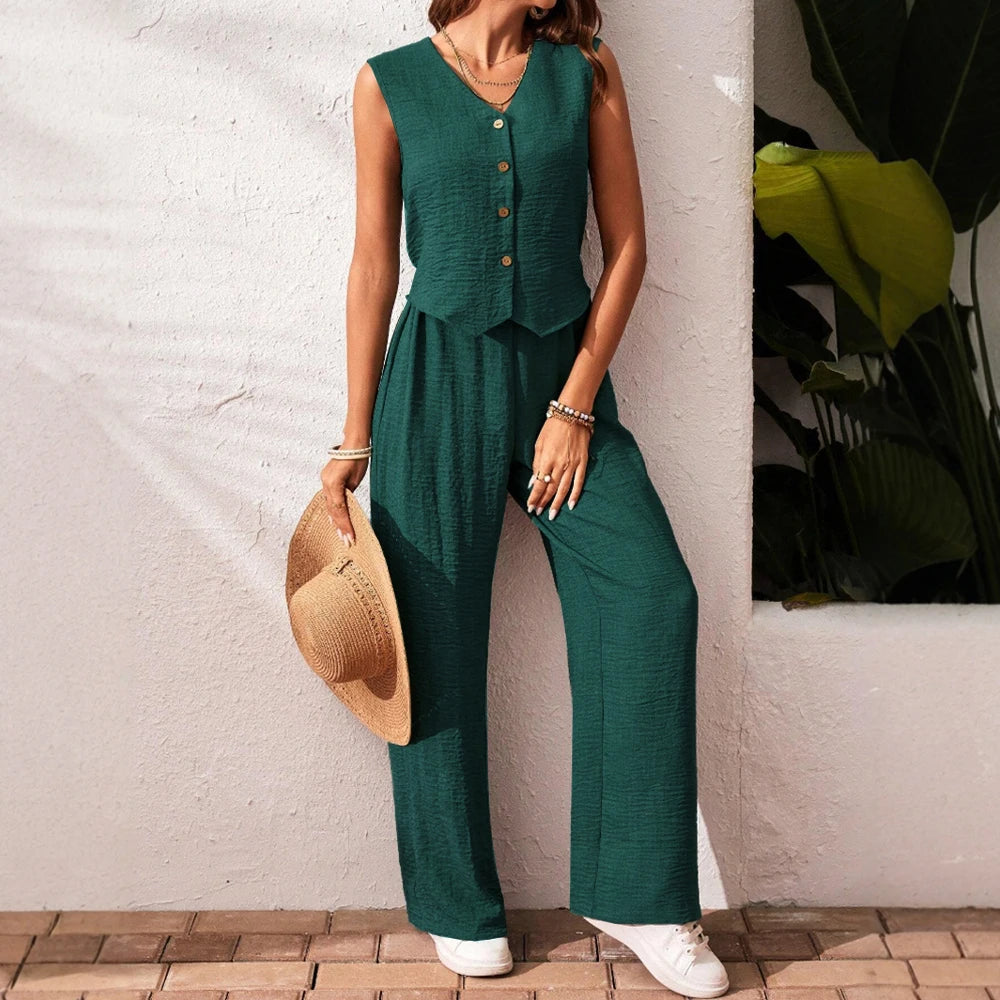 Rafiah Sets Spring Summer Casual Basics Single Breasted Sleeveless V-Neck Natural Waist Ankle Straight Daily Sets