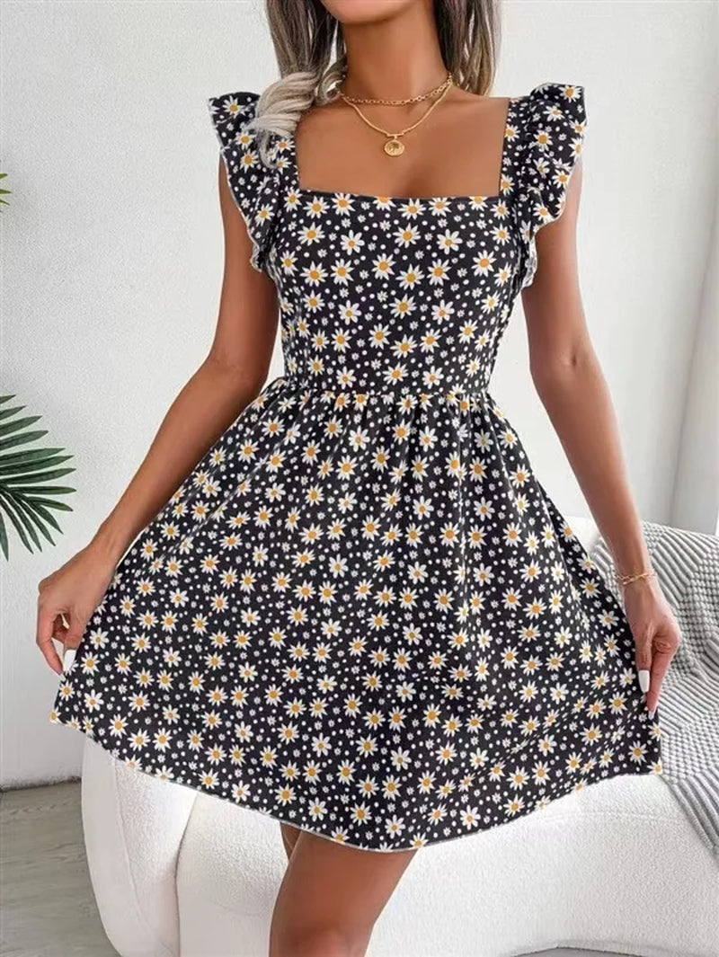 Square Collar Print Dress Women Knee Length Dresses Casual Dress Loose Vestidos Beach Bow Backless 2025 Summer Ruffles Y2K