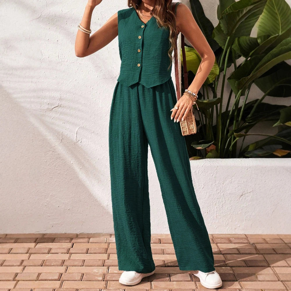 Rafiah Sets Spring Summer Casual Basics Single Breasted Sleeveless V-Neck Natural Waist Ankle Straight Daily Sets