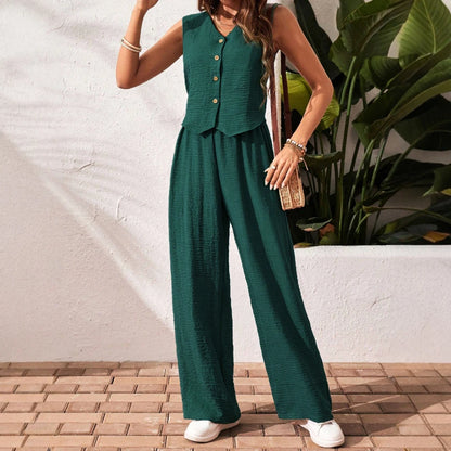 Rafiah Sets Spring Summer Casual Basics Single Breasted Sleeveless V-Neck Natural Waist Ankle Straight Daily Sets