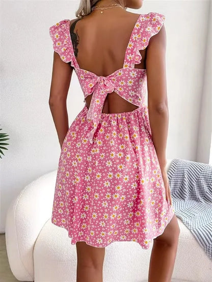 Square Collar Print Dress Women Knee Length Dresses Casual Dress Loose Vestidos Beach Bow Backless 2025 Summer Ruffles Y2K