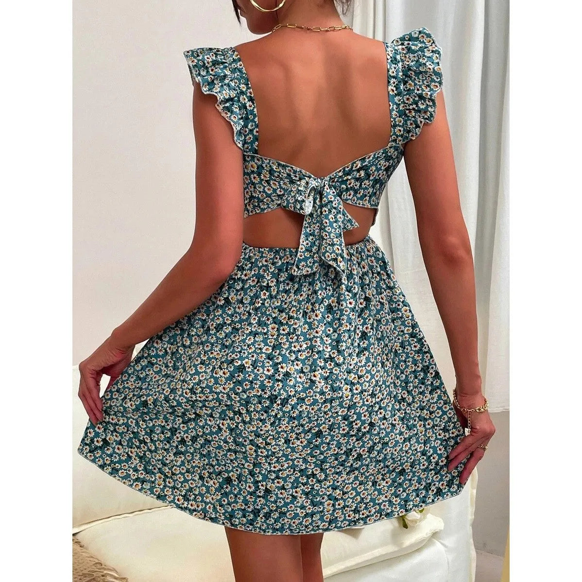 Square Collar Print Dress Women Knee Length Dresses Casual Dress Loose Vestidos Beach Bow Backless 2025 Summer Ruffles Y2K
