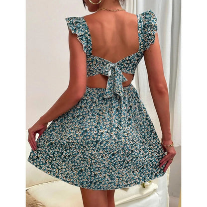 Square Collar Print Dress Women Knee Length Dresses Casual Dress Loose Vestidos Beach Bow Backless 2025 Summer Ruffles Y2K