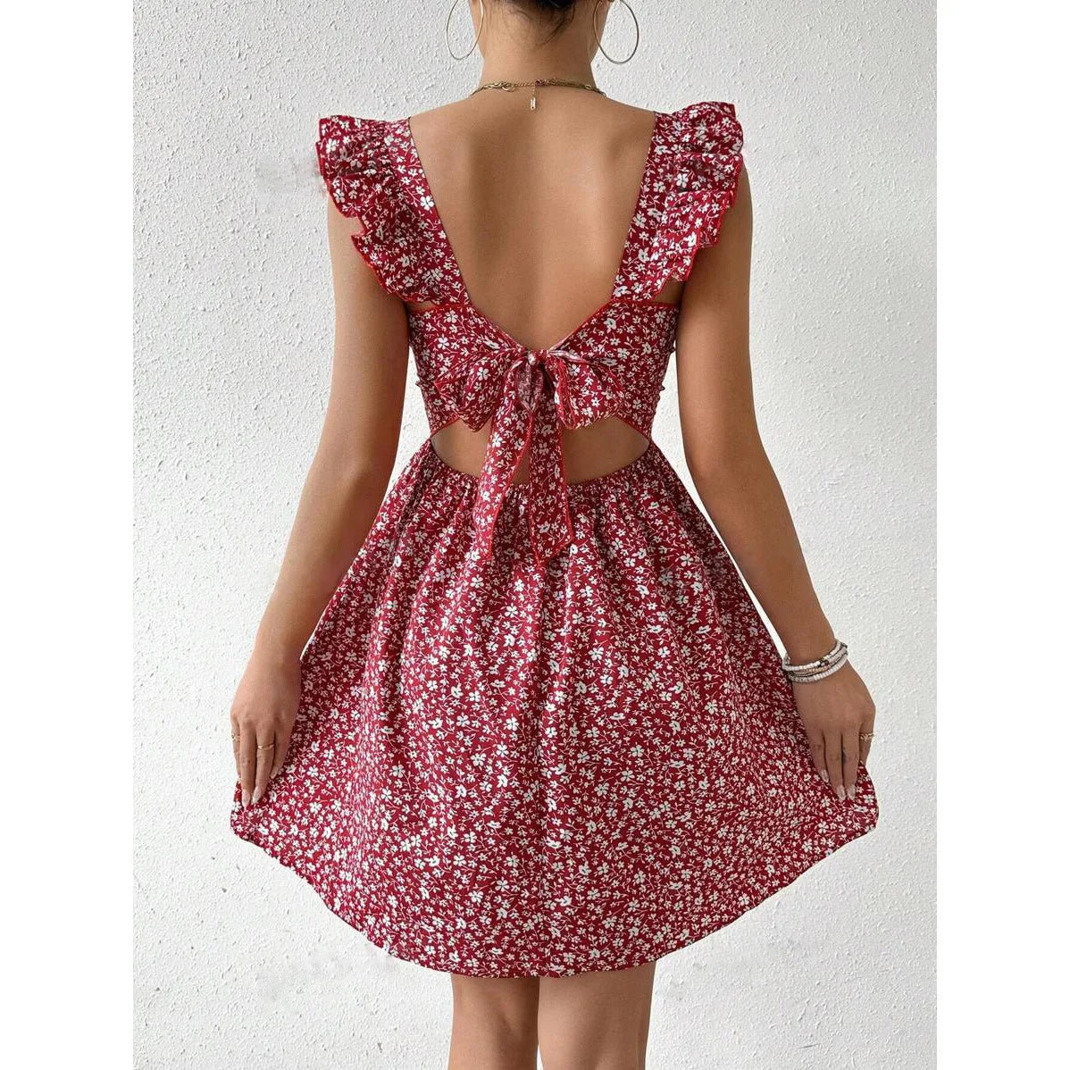 Square Collar Print Dress Women Knee Length Dresses Casual Dress Loose Vestidos Beach Bow Backless 2025 Summer Ruffles Y2K