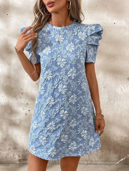 2025 Dress Women Elegant Fashion Beautiful Women'S Dresses Summer New Women'S Puff Sleeve Textured round Neck Retro Style Dress