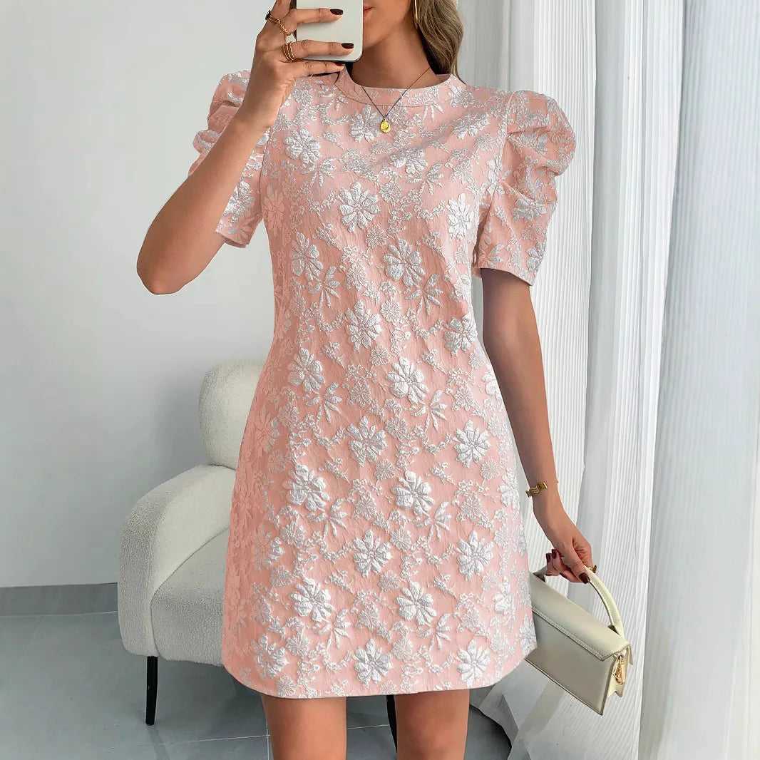 2025 Dress Women Elegant Fashion Beautiful Women'S Dresses Summer New Women'S Puff Sleeve Textured round Neck Retro Style Dress