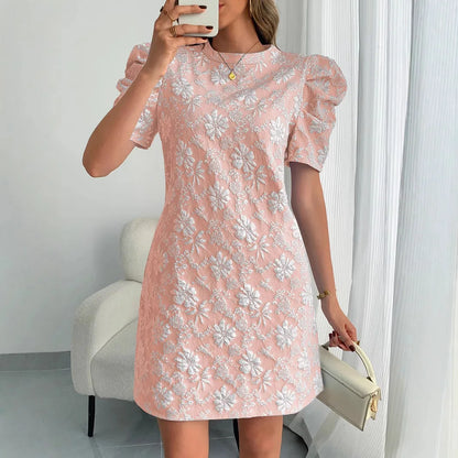 2025 Dress Women Elegant Fashion Beautiful Women'S Dresses Summer New Women'S Puff Sleeve Textured round Neck Retro Style Dress