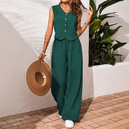 Rafiah Sets Spring Summer Casual Basics Single Breasted Sleeveless V-Neck Natural Waist Ankle Straight Daily Sets