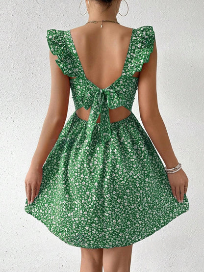 Square Collar Print Dress Women Knee Length Dresses Casual Dress Loose Vestidos Beach Bow Backless 2025 Summer Ruffles Y2K