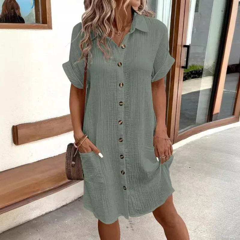 Women'S Fashion Summer Minimalist V-Neck Button up Dress Woman Cotton Linen White Short Sleeved Pocket Casual Loose Shirt Dress